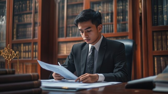 Young professional meticulously reviewing documents in a classic library