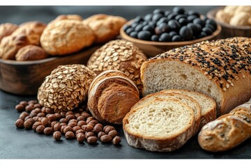 Assorted artisan breads, rolls, nuts and berries on a black textured surface. Showcase bakery products, create menu and advertise healthy lifestyle.