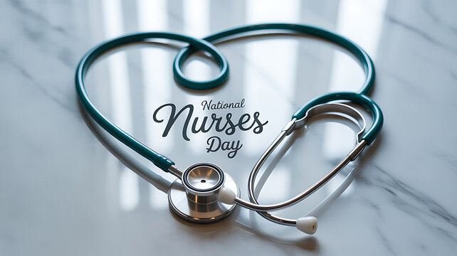 Stethoscope arranged in heart shape on marble surface with 'National Nurses Day' text