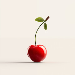 Cherry with green leaves and stem isolated on beige background, fresh red fruit concept for healthy nutrition