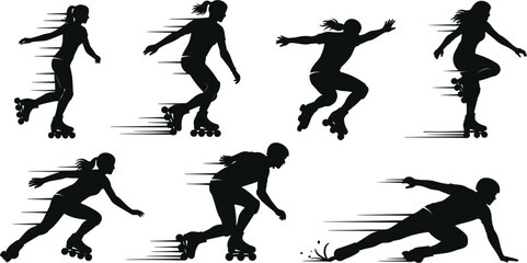 Roller skating silhouette illustration, dynamic motion poses, athletic recreation concept, speed and agility, urban sport activity, energetic skater movement, black figure art
