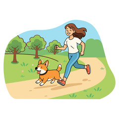 Young woman jogging or walking with her happy Corgi dog on a nature trail in a park, symbolizing a healthy lifestyle, pet ownership, and outdoor exercise, a cheerful vector illustration.