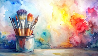 Fototapeta premium Paintbrushes in Metal Container Against Colorful Watercolor Background