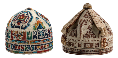Intricate beaded ceremonial hats isolated on transparent background