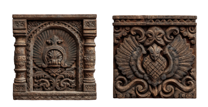 Intricate carved wooden panels isolated on transparent background