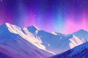 Snowy mountain range under a vibrant, starry night sky, featuring a vibrant aurora borealis effect