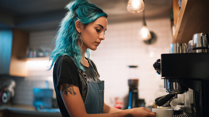 Lesbian barista making coffee. Female uni student working at a weekend job, cafe shop worker, job market, unemployment and rising cost of living