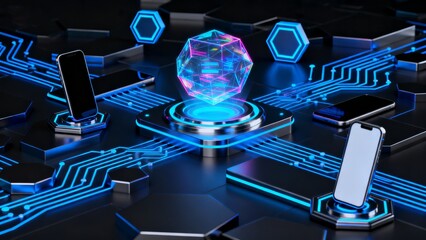 The image depicts a futuristic scene with a glowing, multi - faceted crystal at the center, surrounded by smartphones and circuit - like patterns with blue neon lights, suitable for use in the fields 