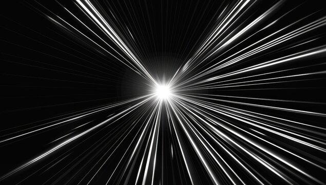 Abstract depiction of radiating light streaks emanating from a central point, creating a sense of speed and movement against a black background - Powered by Adobe