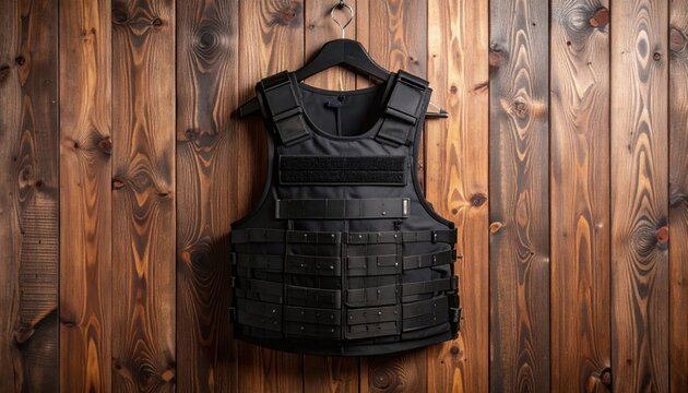 Black tactical vest hanging on wooden wall representing security, self defense, law enforcement equipment and modern survival gear concept in contemporary culture