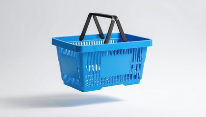 Fototapeta premium Blue plastic shopping basket with black handles, isolated on a light background, symbolizing retail and shopping concepts.