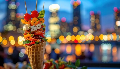 Fototapeta premium A colorful concept of a salad cone filled with vegetables, cheese and herbs against a city skyline symbolizing healthy urban eating, fusion food and culinary creativity