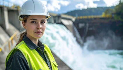 Female engineer in reflective vest and helmet standing near hydroelectric dam with powerful water flow, concept of green energy and role of women in engineering