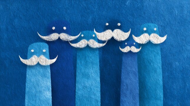 Mena??s Day celebration with mustache figures on a blue background, evoking fun and spirited vibes for the day.