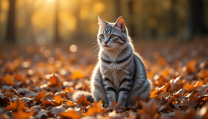 cat in autumn forest, HD and 4k image