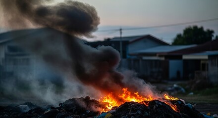 Burning trash creates thick smoke and orange flames near residential buildings