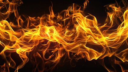 Abstract image of flowing, fiery orange and yellow flames against a stark black background, creating a dynamic and intense visual