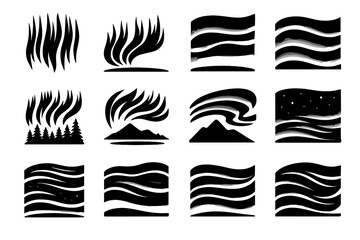 Silhouette aurora arc mountain icon streaks glow arcs trees vector starry