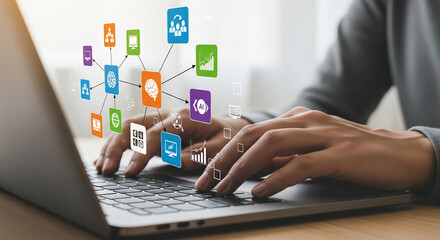 Visualization of the process of thinking and data analysis, where human hands interact with a virtual interface. Ideal image for topics related to technology, analytics, business, and strategic planni
