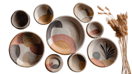 Handmade pottery for decoration with abstract design, flat lay isolated on a Transparent background, PNG file.