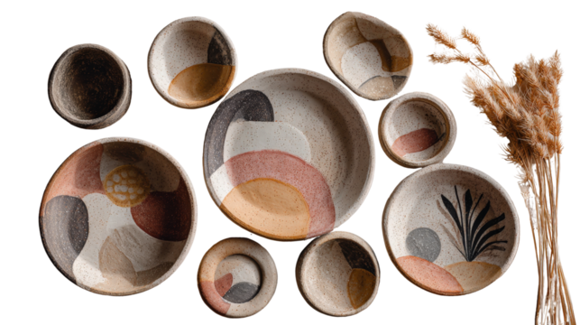 Handmade pottery for decoration with abstract design, flat lay isolated on a Transparent background, PNG file.