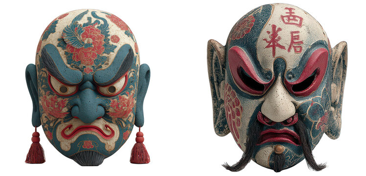 Traditional Japanese Oni masks with intricate tattoo patterns, set of 2 decorative demon face sculptures, vintage oriental folklore theater masks isolated on Transparent Background