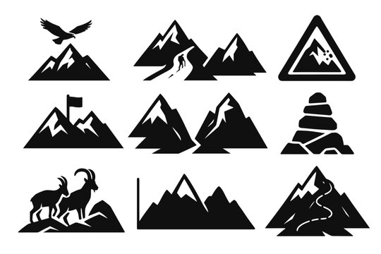 Basecamp mountain flag silhouette icon path collection stack walk rock vector