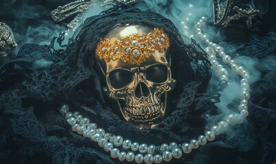 Golden skull wearing an ornate crown, veiled in black lace with pearls, amidst smoke and jewelry