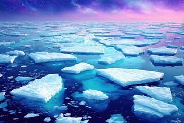 Arctic ice floes, vibrant colors, starry sky