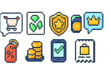 Shopping and finance pixel art icon set. retail, ecommerce, money flat icons collection