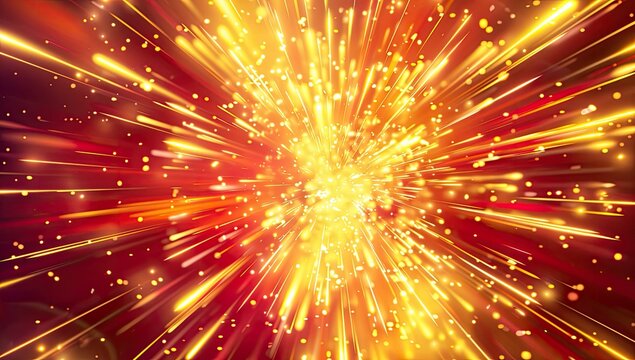 An abstract image depicting a radiant explosion of golden and red light streaks, emanating from a central point and dispersing outwards, creating a dynamic and energetic visual effect