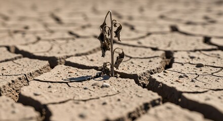 Lone dry plant struggles for life in cracked arid earth, symbolizing drought and resilience