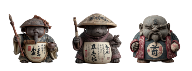 Three ceramic monkey figurines isolated on transparent background