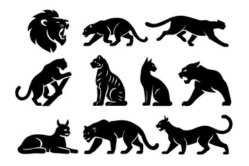 Obraz premium Outline big head stretching lion cats icon sitting silhouette wildcat crouching vector