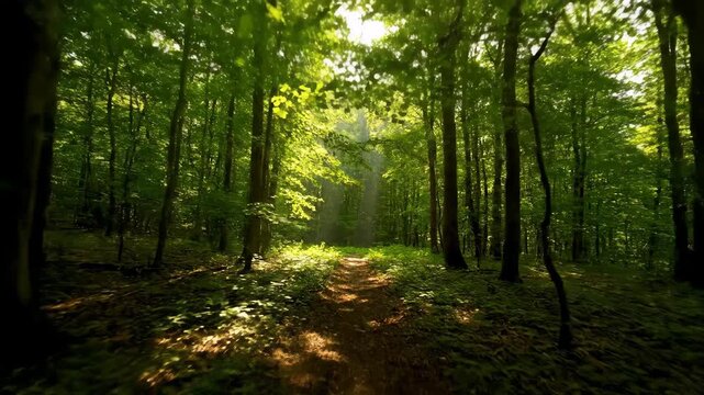 Dolly Shot Gliding Through a Dappled Forest Canopy with Sun Rays Piercing Through Dense Foliage Ethereal, DappledForestCanopy, Wilderness