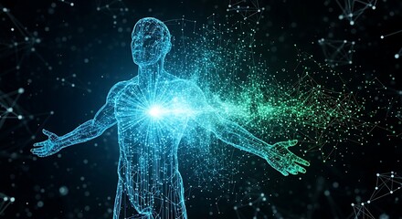 Digital Human Body Energy, Network, Connection, Abstract Concept.  Futuristic glowing man, plexus style.