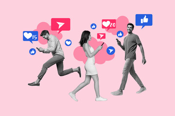 Creative art poster banner 3d collage photo of three happy girl men stand bubble heart notification speech blogging emoji icon