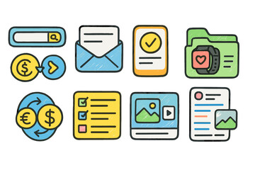 Financial and communication icons. money, email, document flat icon set collection