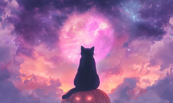 Black cat sitting on an illuminated halloween pumpkin under a pink full moon and starry sky