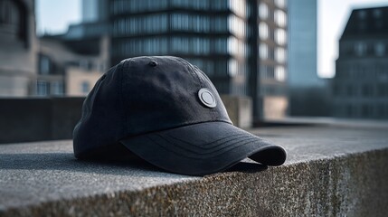 Sleek dark baseball cap featuring a subtle circular emblem, perfectly placed on a rugged concrete ledge, set against a modern urban city skyline backdrop