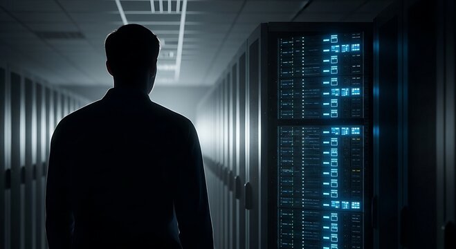 Silhouetted IT Specialist Walking Through Modern Data Center Server Room.