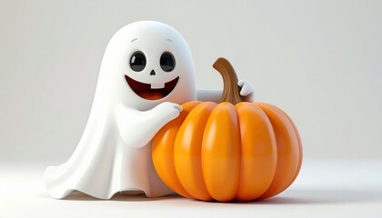 A friendly cartoon ghost happily embracing a bright orange pumpkin, a Halloween display.