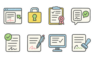 Document verification line icon set. certificate, security, approval icons collection