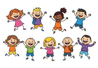 Naklejka premium A diverse group of happy children playing together, expressing joy and energy in a cheerful illustration style