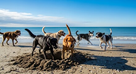 Dogs playing on the beach having fun.