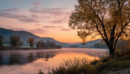 Fototapeta premium Autumnal river sunrise over misty hills