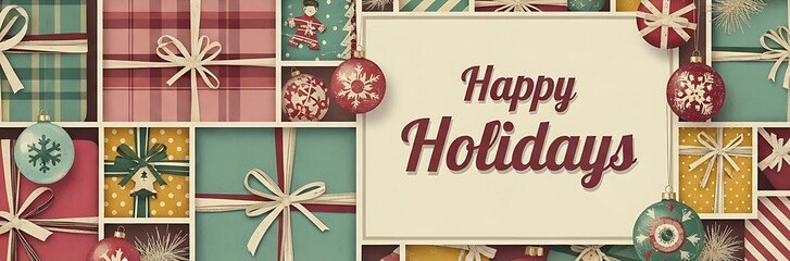 Festive happy holidays illustration with gift boxes and ornaments, perfect for seasonal greetings and cheerful holiday designs
