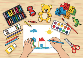 Children Playing Creative Fun with Toys and Art Supplies