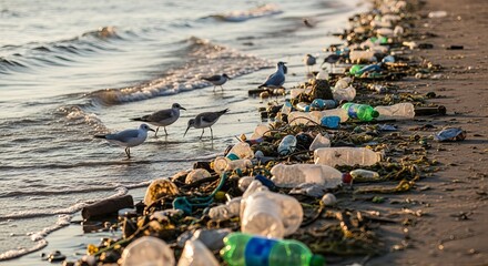 Seabirds search for food on polluted beach littered with plastic waste and debris