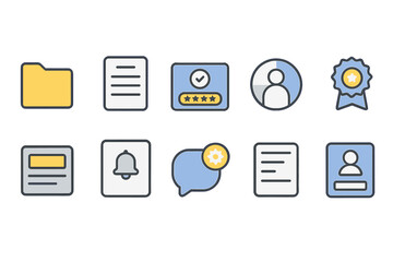 Business and office flat icon set. document, profile, notification flat icons collection